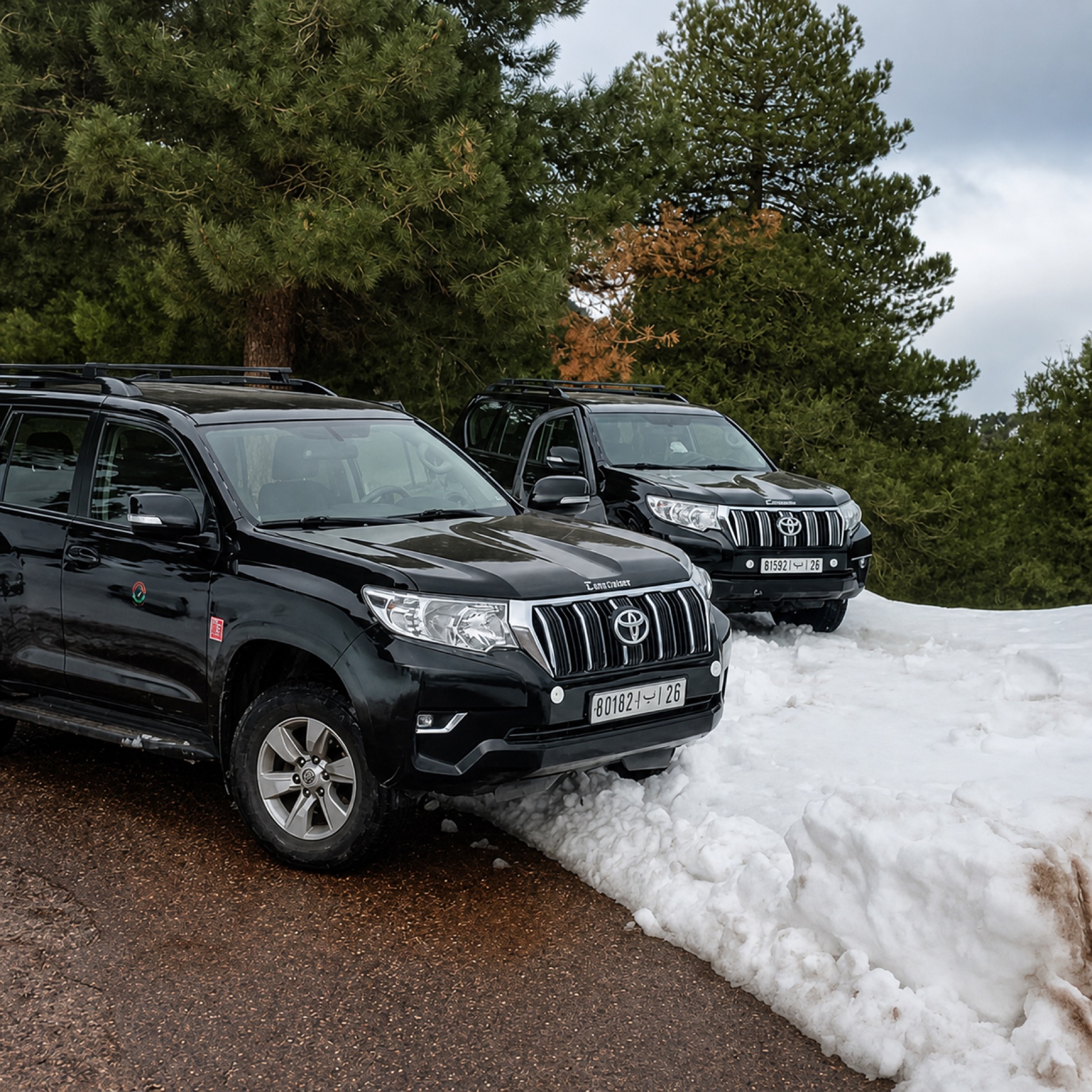A black Toyota Land Cruiser on a desert piste