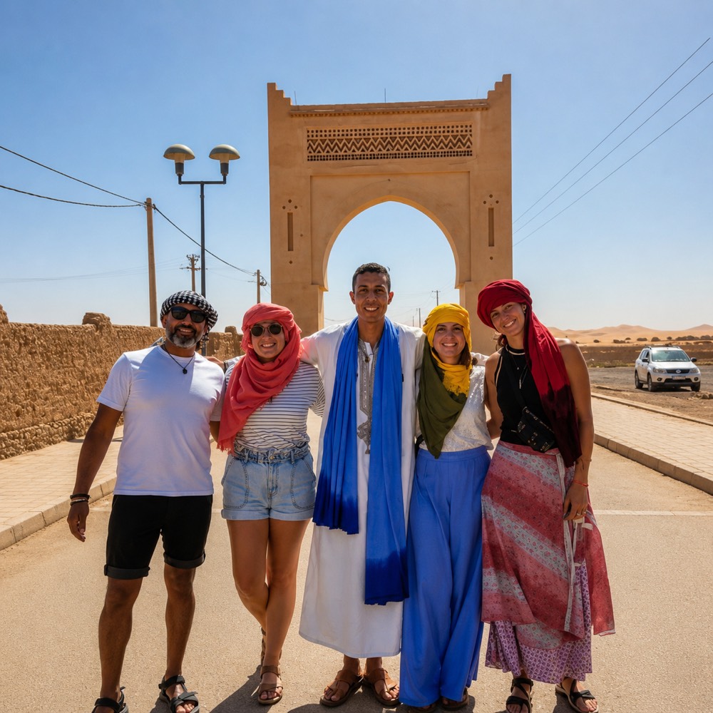 Mustapha with four guests in front of a southern desert gateway