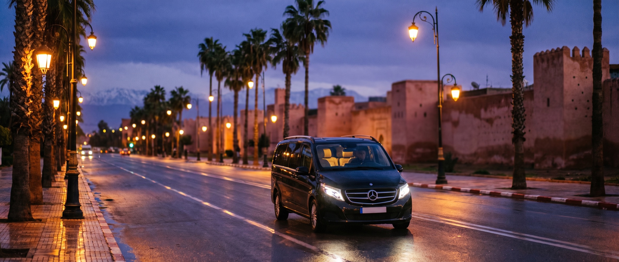 A V-Class on a Marrakech boulevard at dusk