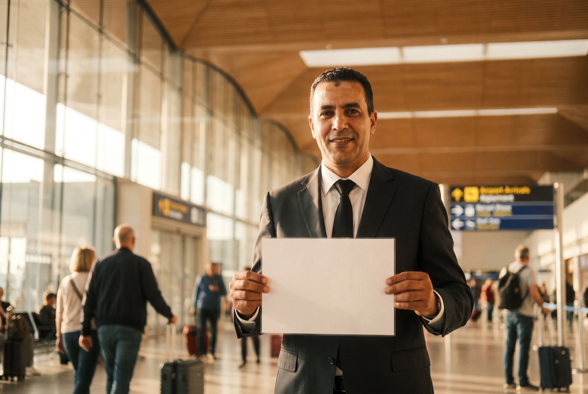 A chauffeur waiting in the arrivals hall