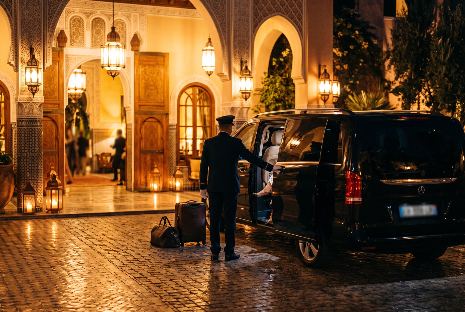 A chauffeur opening the door of a V-Class at a hotel entrance at night